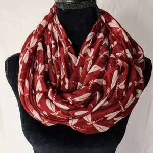 Dragonfly Print Infinity Scarf Snood Maroon & White  Large 32 x 40 Inches